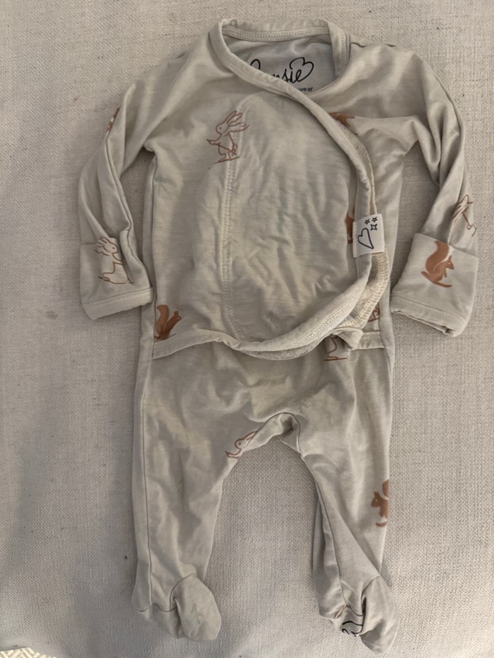 Bonsie Cream Baby Footie with Tan Bunny Print